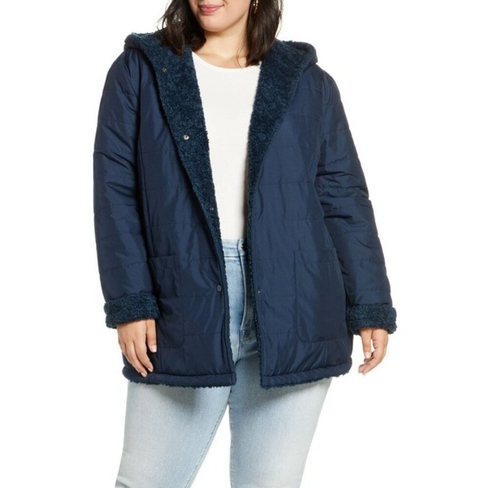 Halogen Reversible Blue Jacket Faux Fur Sherpa Quilted Women SZ 3X New $179
